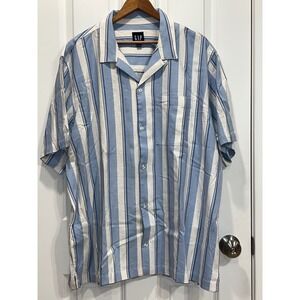 NEW Gap Mens XXL Blue White Striped Linen Blend Short Sleeve Camp Collar Shirt